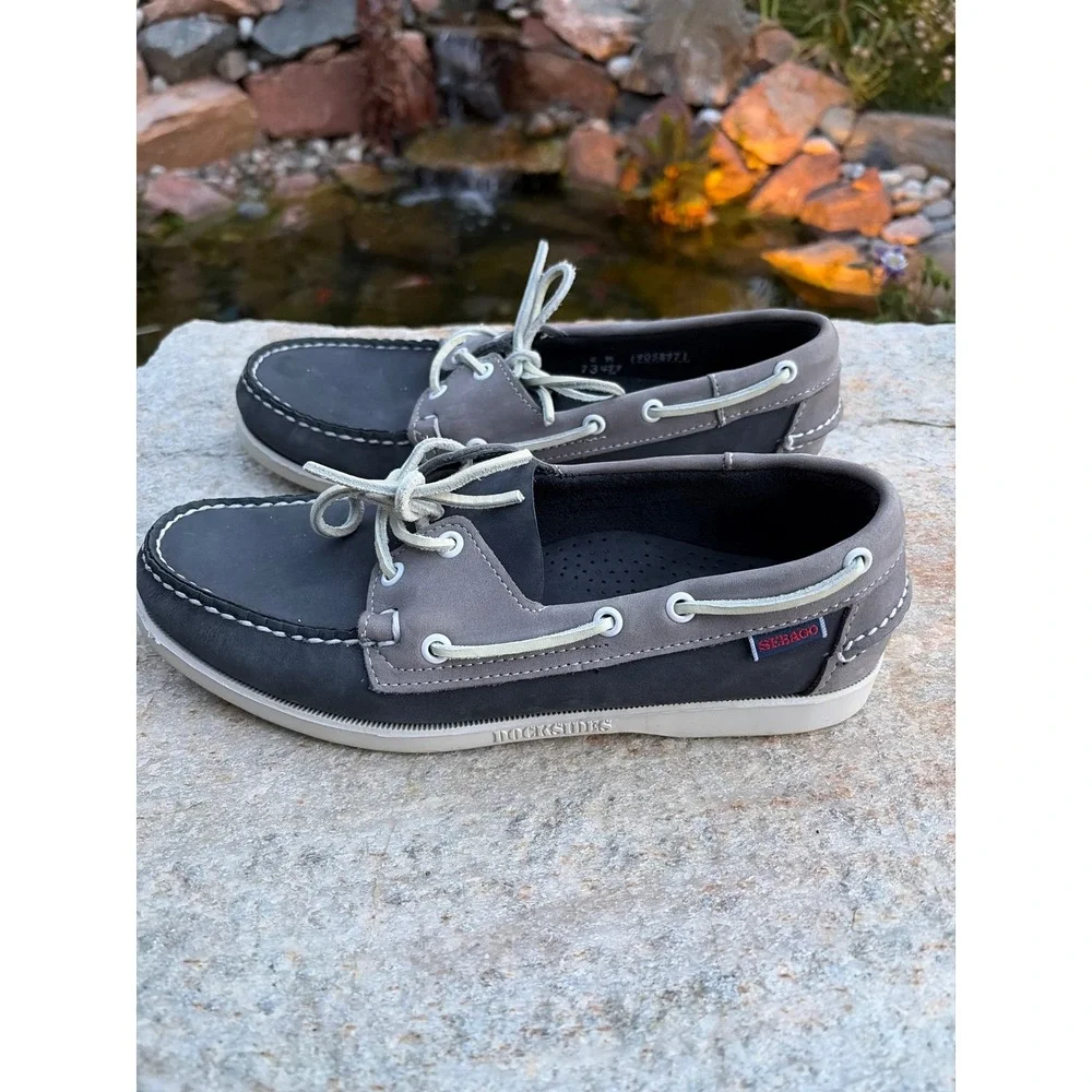 Sebago Docksides Mens 8 Boat Shoes Grey Navy Blue Nubuck Leather Loafers 73499